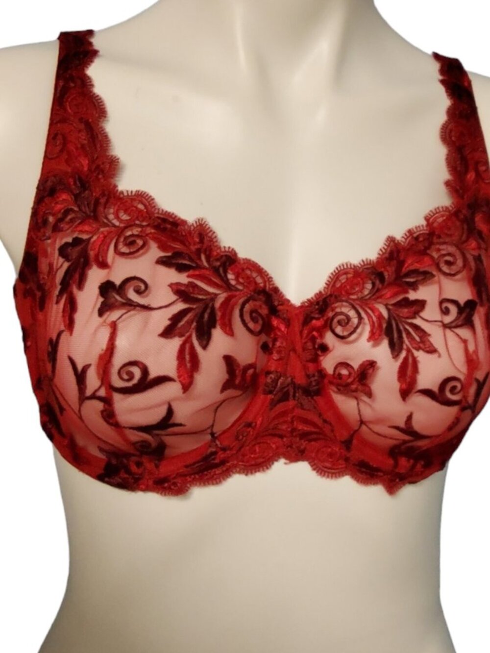 Soma Sensuous Lace Unlined Balconette Bra Red 34D Sheer Underwire Non-Padded